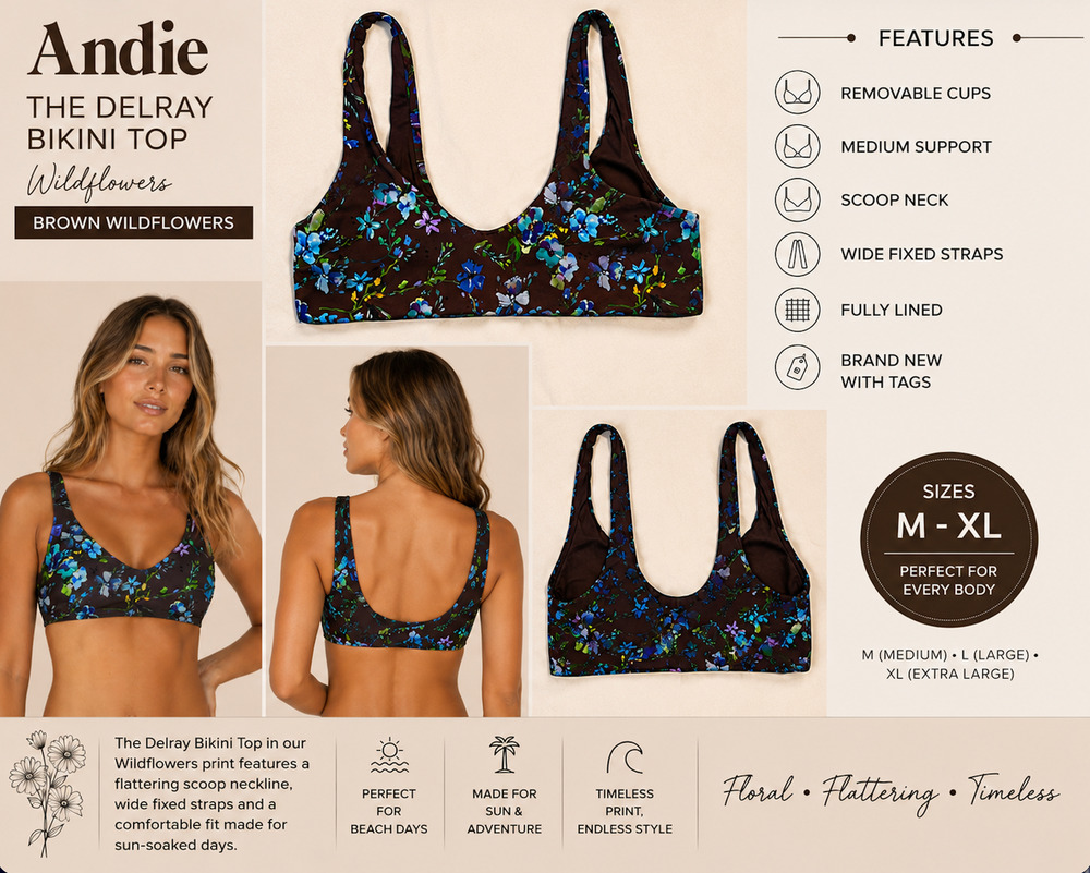 Andie The Delray Bikini Top Dark Brown Wildflowers Floral NWT Sz L